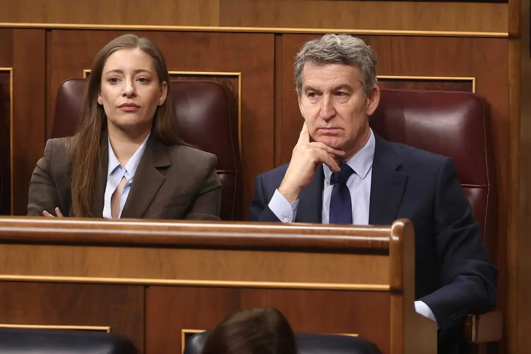 La portavoz del PP en el Congreso, Ester Mu&ntilde;oz, y el presidente del PP, Alberto N&uacute;&ntilde;ez Feij&oacute;o, durante una sesi&oacute;n de control al Gobierno, en el Congreso de los Diputados, a 18 de febrero de 2026, en Madrid (Espa&ntilde;a). 