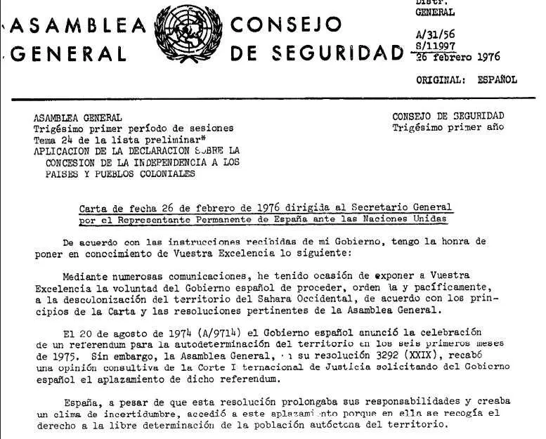 Carta enviada por el Gobierno de Espa&ntilde;a a la ONU el 26 de febrero de 1976 anunciando su salida del S&aacute;hara Occidental y renunciando a toda responsabilidad sobre el territorio
