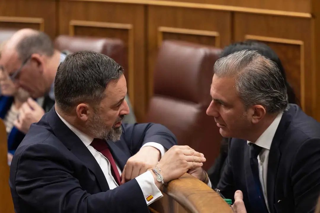 Archivo - El l&iacute;der de VOX, Santiago Abascal (i) y el portavoz de VOX en el Ayuntamiento de Madrid, Javier Ortega Smith (d), durante una sesi&oacute;n plenaria, en el Congreso de los Diputados