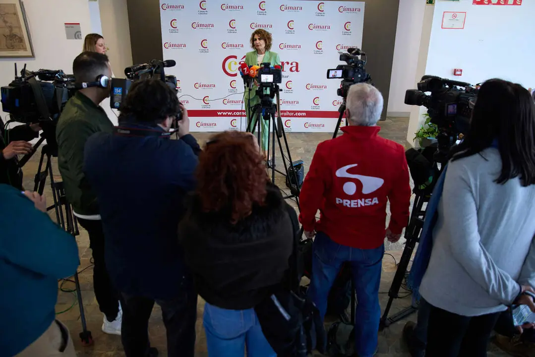 La secretaria general del PSOE-A y vicepresidenta primera del Gobierno, Mar&iacute;a Jes&uacute;s Montero, atiende a los medios en Algeciras (C&aacute;diz).