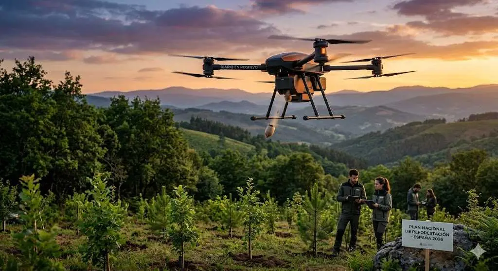 Drones de alta tecnolog&iacute;a realizando reforestaci&oacute;n de precisi&oacute;n en un valle verde de Espa&ntilde;a bajo la luz del amanecer - D+