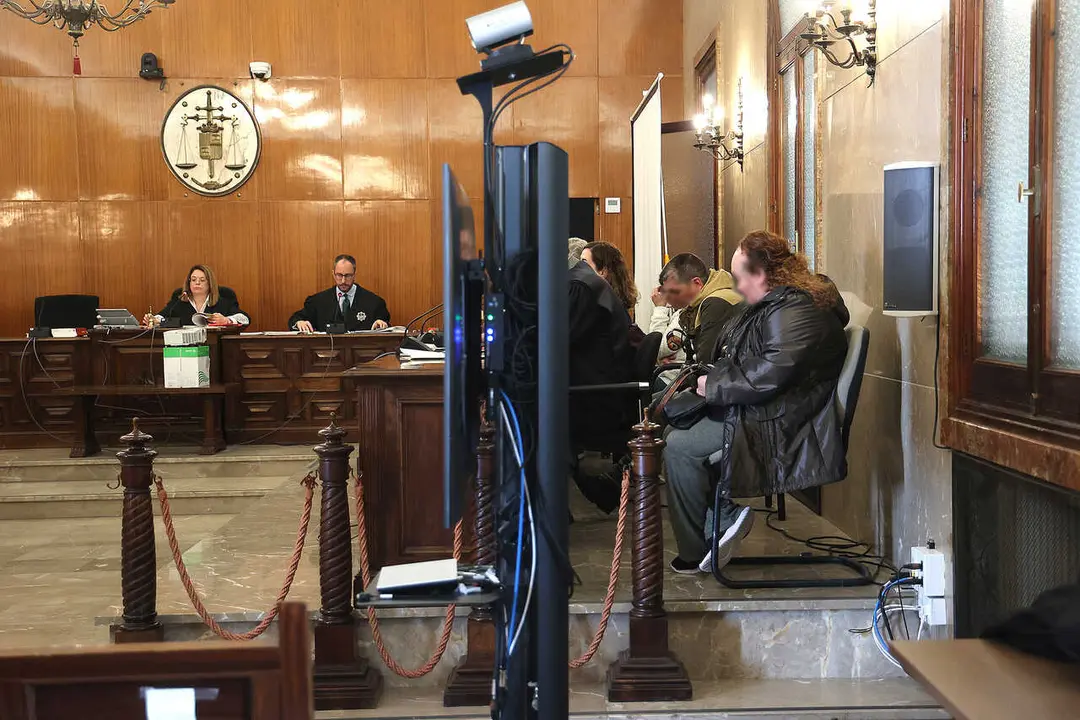 Los acusados por la muerta del beb&eacute; y sus abogados, al comienzo del juicio en la Audiencia Provincial de Baleares.