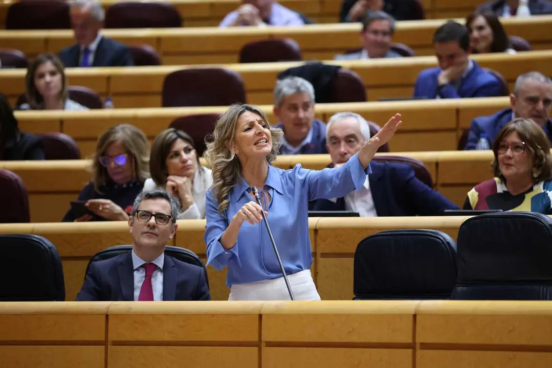 La vicepresidenta segunda y ministra de Trabajo y Econom&iacute;a Social, Yolanda D&iacute;az, interviene durante una sesi&oacute;n plenaria en el Senado.