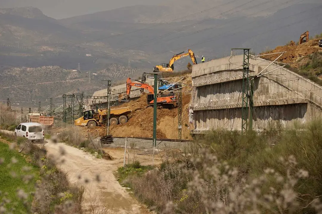 Im&aacute;genes de los trabajos que se est&aacute;n llevando a cabo en la v&iacute;a de Alta Velocidad que une M&aacute;laga con Madrid tras la ca&iacute;da de un muro de contenci&oacute;n de cinco metros a la altura del municipio malague&ntilde;o de &Aacute;lora. 