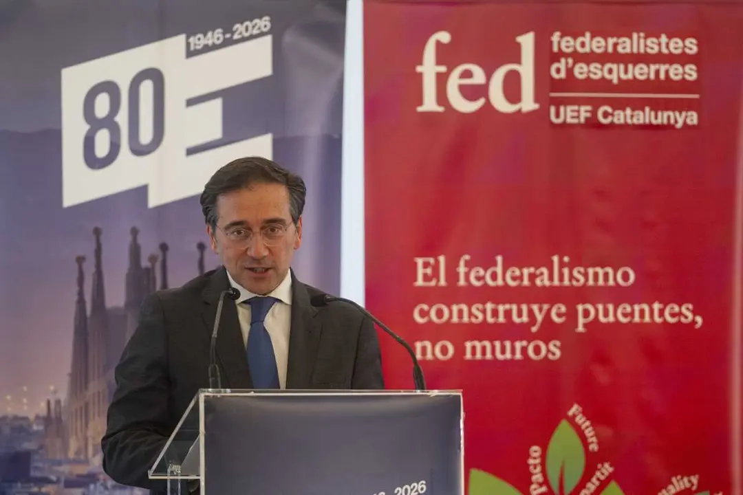 El ministro de Exteriores, Jos&eacute; Manuel Albares, en la sesi&oacute;n inaugural del Congreso de la Uni&oacute;n de Federalistas Europeos (UEF) en Barcelona.