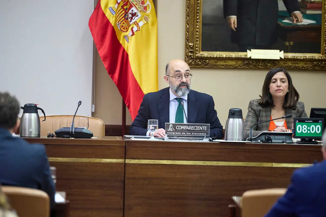 El presidente de la entidad p&uacute;blica empresarial Administrador de Infraestructuras Ferroviarias (Adif), Luis Pedro Marco de la Pe&ntilde;a, comparece ante la Comisi&oacute;n de Transportes y Movilidad Sostenible, en el Congreso de los Diputados