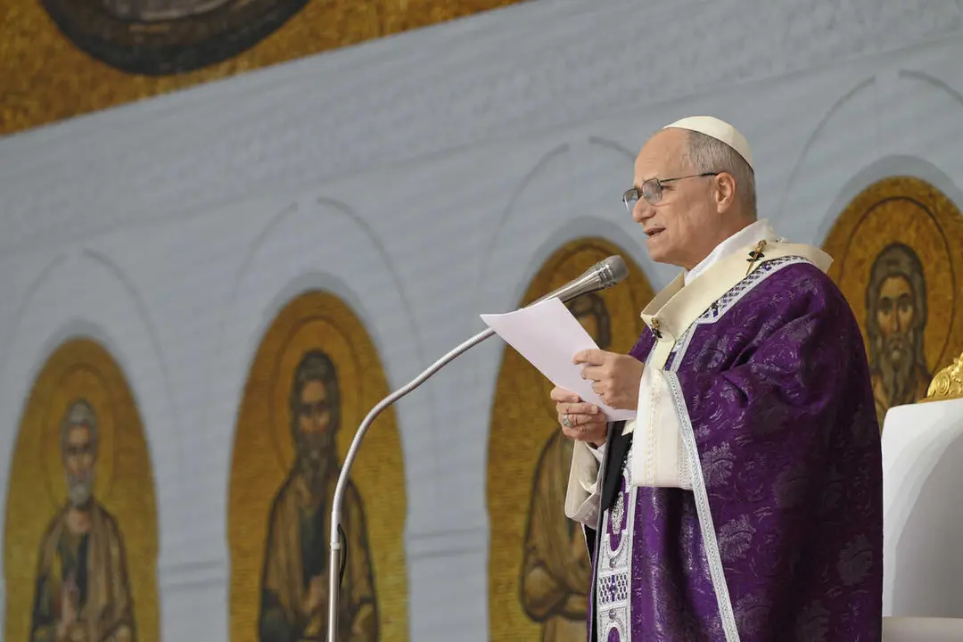 **NO LIBRI** Monte Carlo, Monaco, 2026/3/28  Pope Leo XIV presides over a mass at Stade Louis II in Fontvieille, Monaco, Photograph by VATICAN MEDIA   / Catholic Press Photo