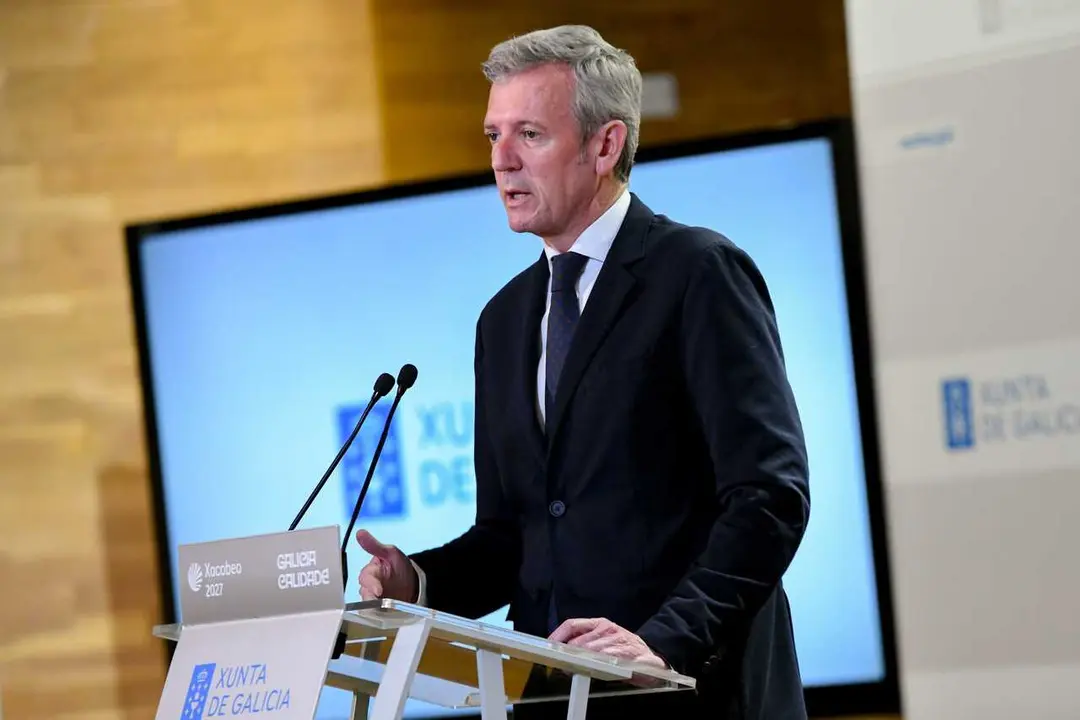 El presidente de la Xunta, Alfonso Rueda, comparece ante los medios tras la reuni&oacute;n semanal del Ejecutivo auton&oacute;mico. San Caetano, Santiago de Compostela.
