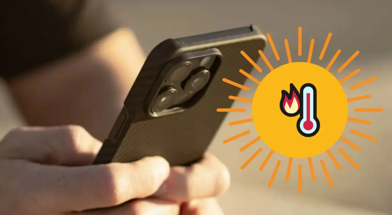 Tel&eacute;fono m&oacute;vil con icono de alta temperatura