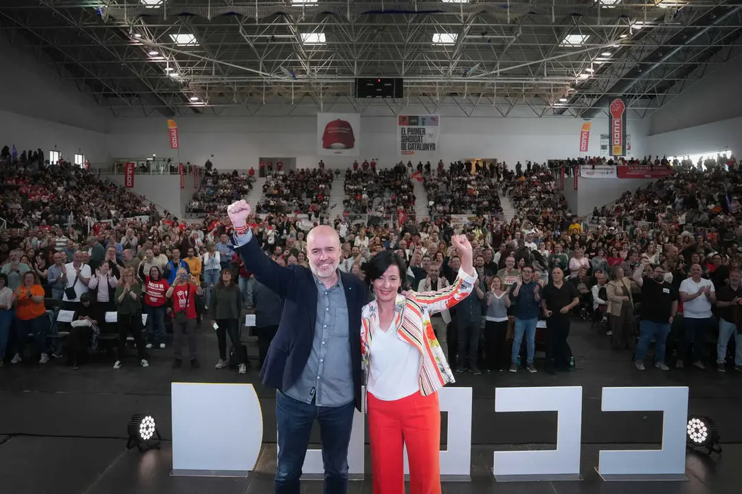 El secretario general de CC.OO., Unai Sordo, y la secretaria general de CC.OO. de Catalunya, Bel&eacute;n L&oacute;pez