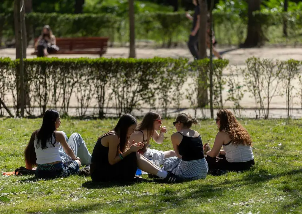 Un grupo de personas sentadas en el c&eacute;sped de un parque, a 17 de marzo de 2026, en Madrid (Espa&ntilde;a).