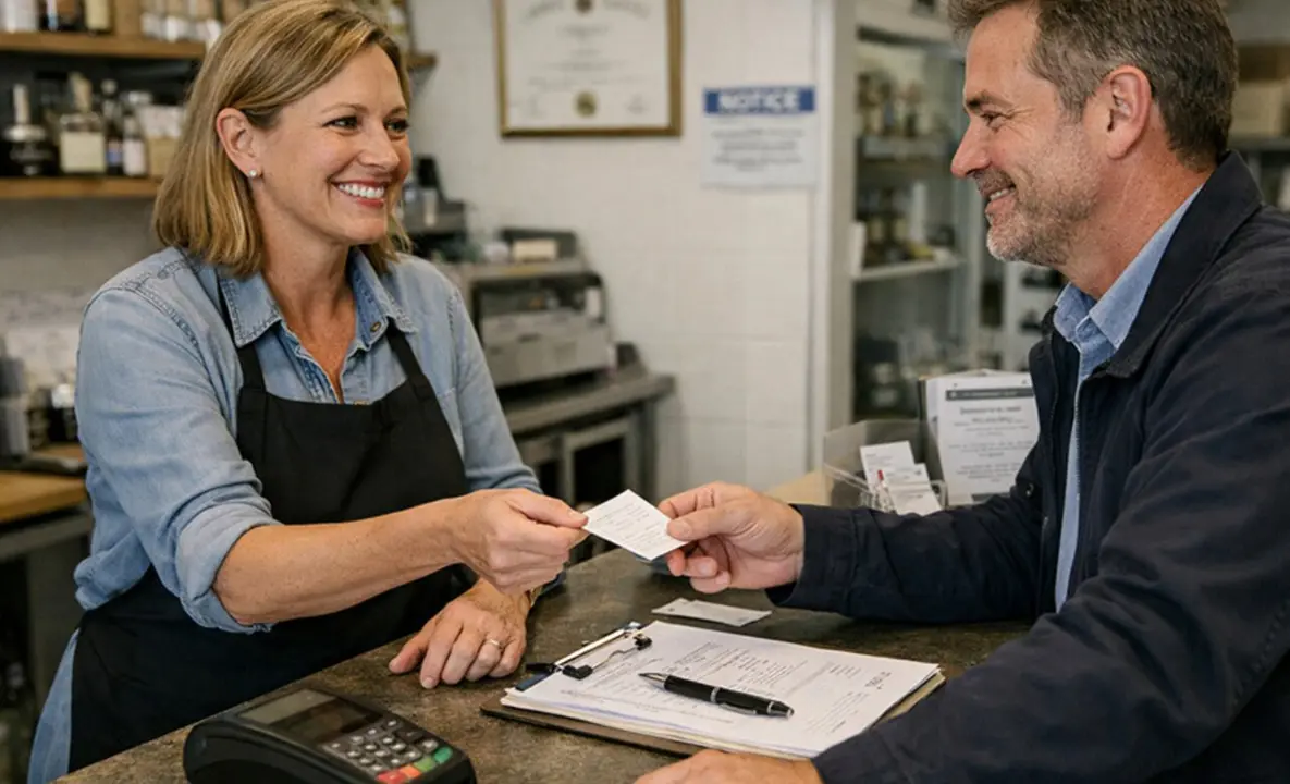 Una emprendedora atiende en su negocio a un cliente.