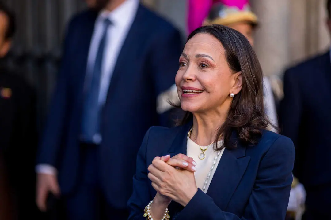 Maria Corina Machado, Venezuelan opposition leader and Nobel Peace Prize laureate, before receiving the Golden Key of Madrid from Jose Luis Martinez-Almeida, Mayor of Madrid, during her visit to Spain.