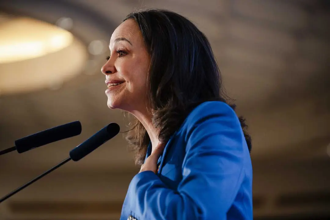 La l&iacute;der opositora venezolana, Mar&iacute;a Corina Machado, durante un desayuno informativo organizado por F&oacute;rum Europa, en el Four Seasons, a 20 de abril de 2026, en Madrid (Espa&ntilde;a).