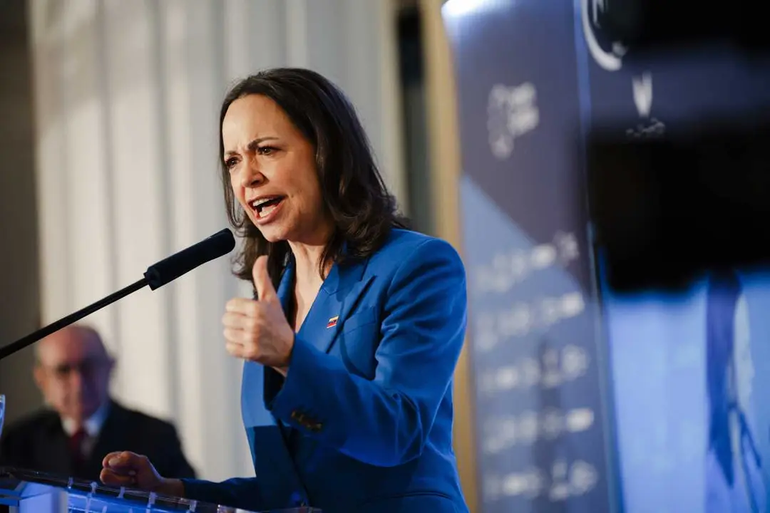 La l&iacute;der opositora venezolana, Mar&iacute;a Corina Machado, durante un desayuno informativo organizado por F&oacute;rum Europa, en el Four Seasons, a 20 de abril de 2026, en Madrid (Espa&ntilde;a).