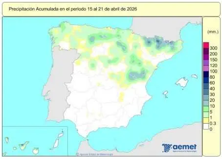 Espa&ntilde;a acumula 532 l/m2 de lluvias acumuladas desde el 1 de octubre de 2025, un 19% m&aacute;s que lo habitual.