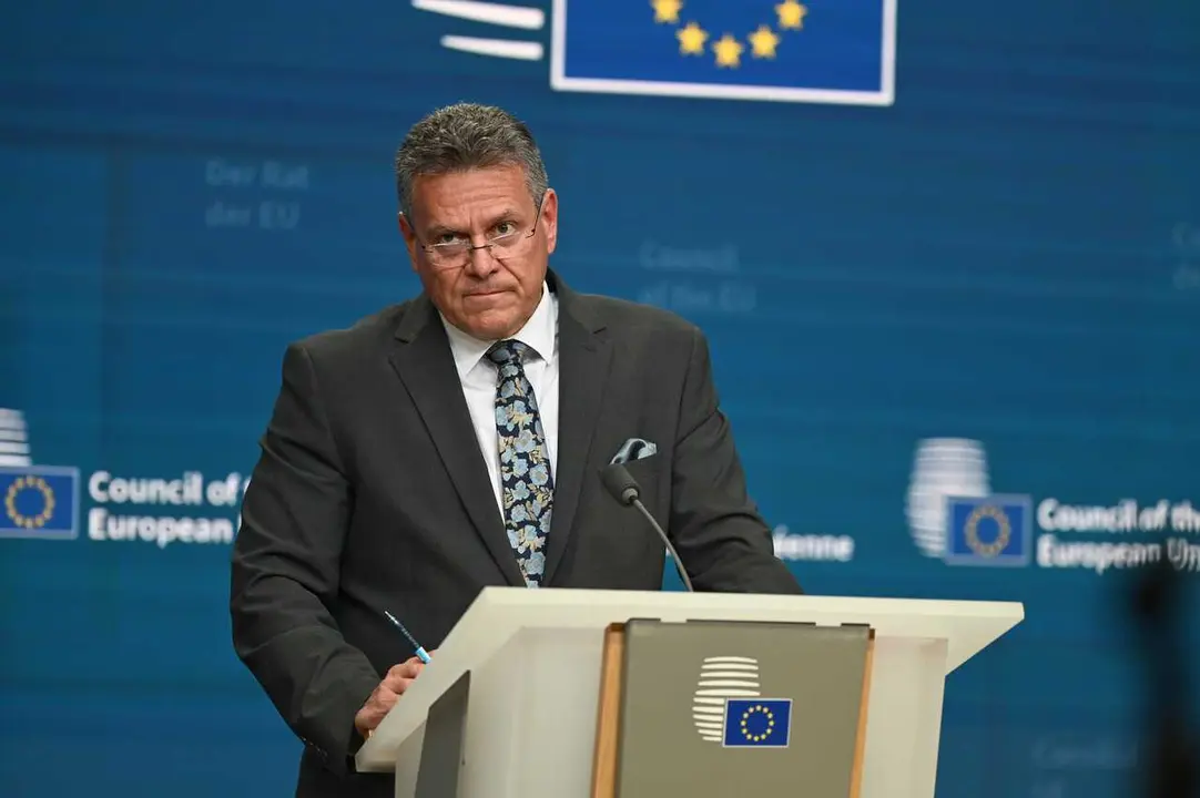 Archivo - El comisario de la UE Maros Sefcovic habla durante la reuni&oacute;n de ministros de Comercio de la UE en Bruselas