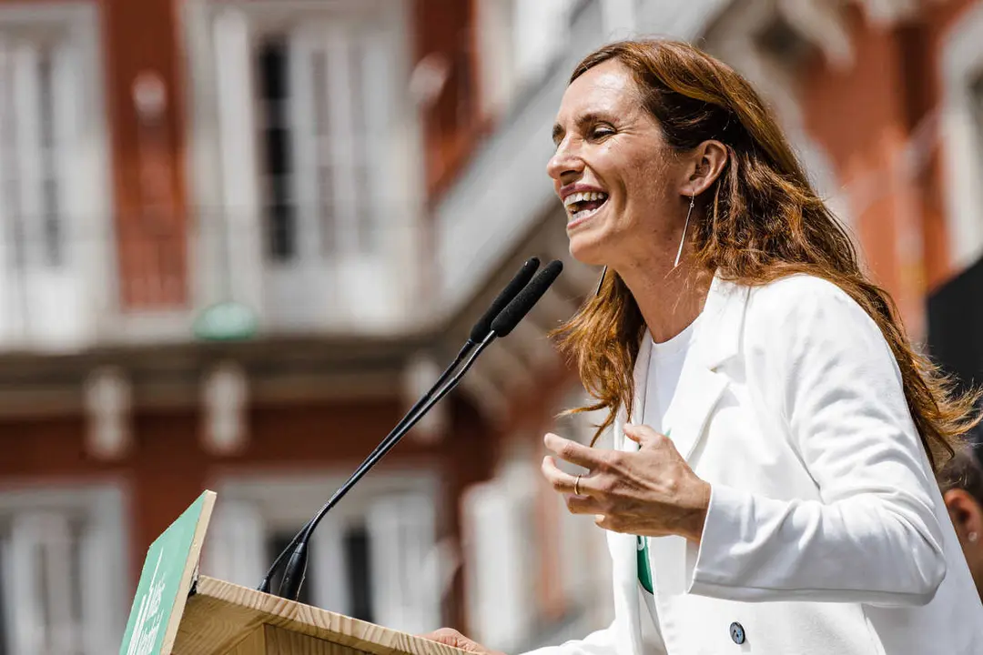 Archivo - La candidata de M&aacute;s Madrid a la presidencia de la Comunidad de Madrid, M&oacute;nica Garc&iacute;a, interviene durante un mitin de M&aacute;s Madrid en la Plaza Mayor, a 20 de mayo de 2023, en Madrid (Espa&ntilde;a). Este acto de campa&ntilde;a electoral se celebra de cara a las 