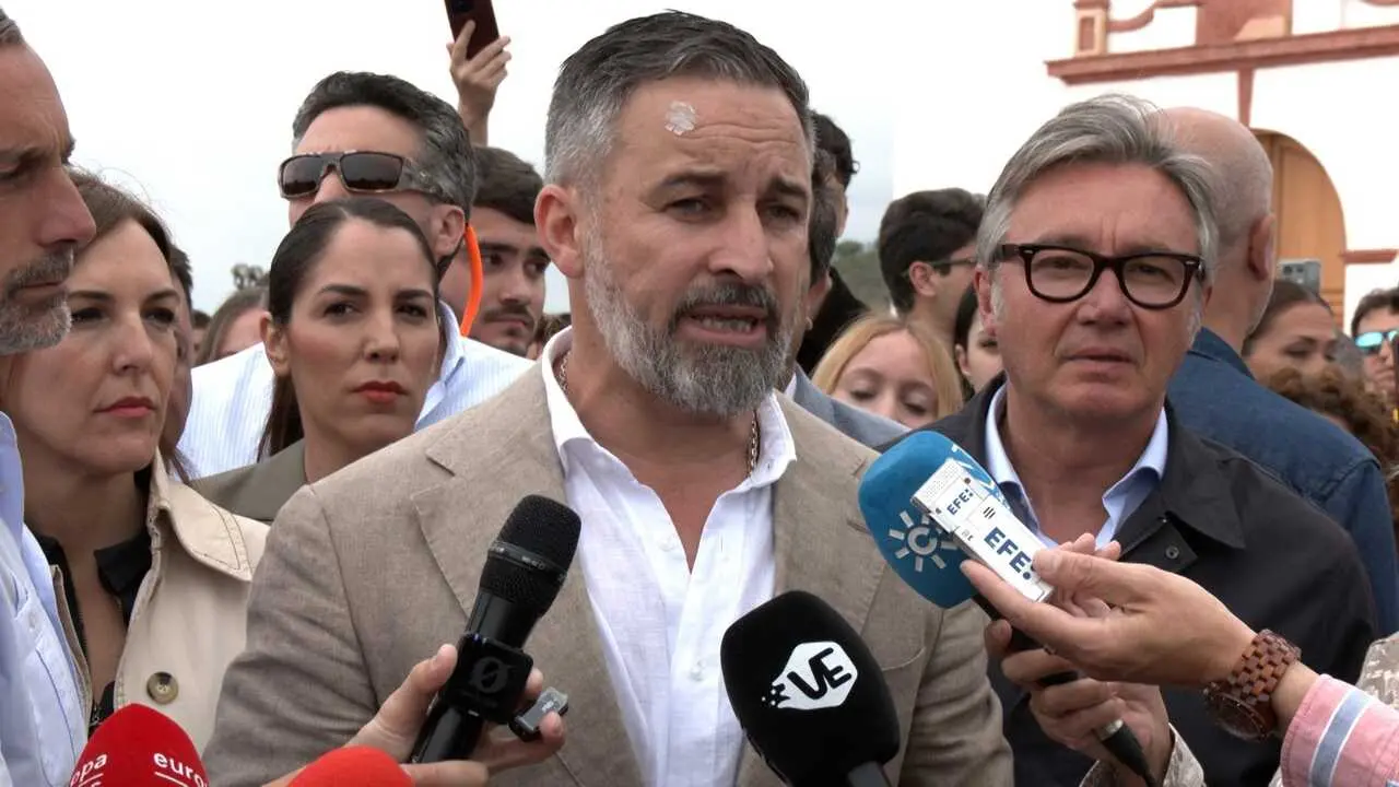 Santiago Abascal en declaraciones ante los medios en V&eacute;lez-M&aacute;laga.