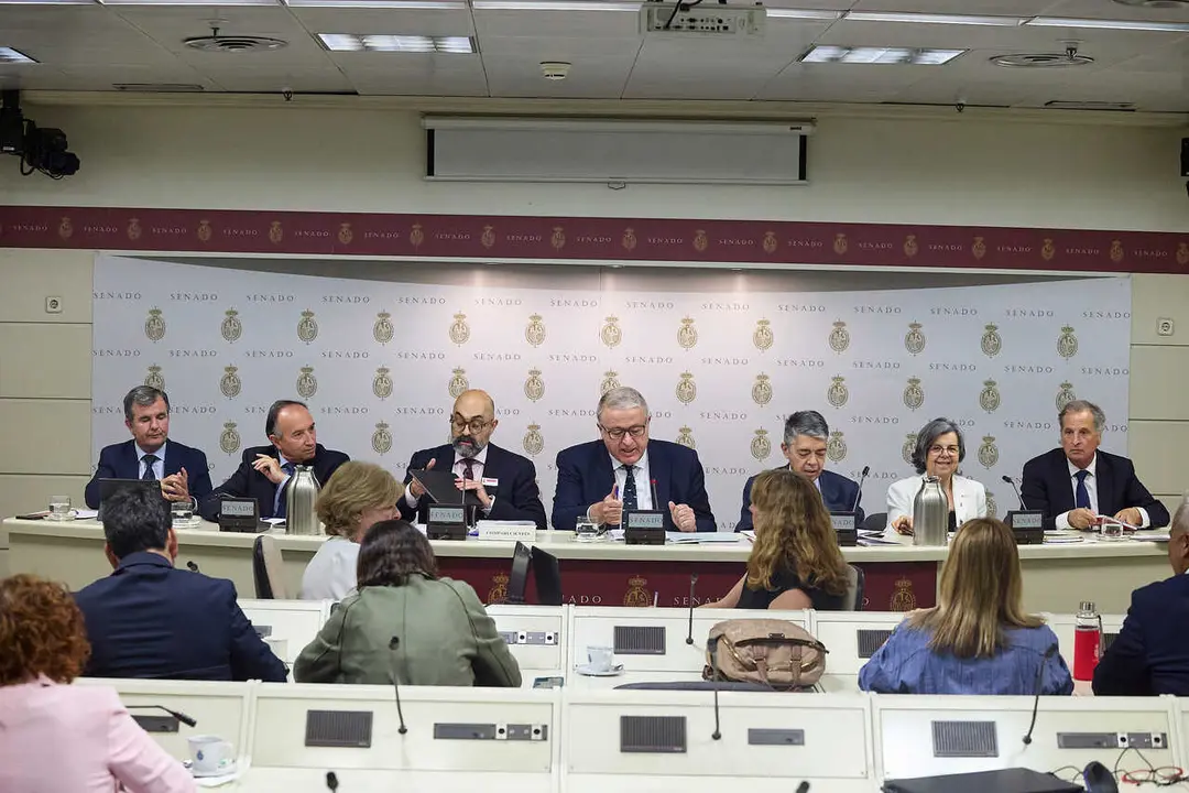 El presidente de Adif, Luis Pedro Marco de la Pe&ntilde;a (tercero por la izquierda), comparece ante la Comisi&oacute;n de Investigaci&oacute;n del Senado