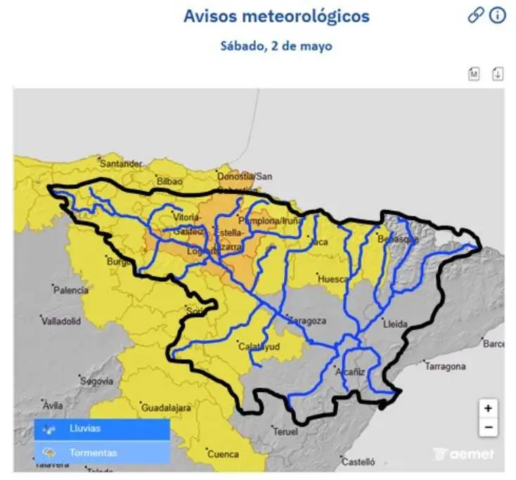 Mapa con los avisos meteorol&oacute;gicos por lluvias en la cuenca del Ebro.