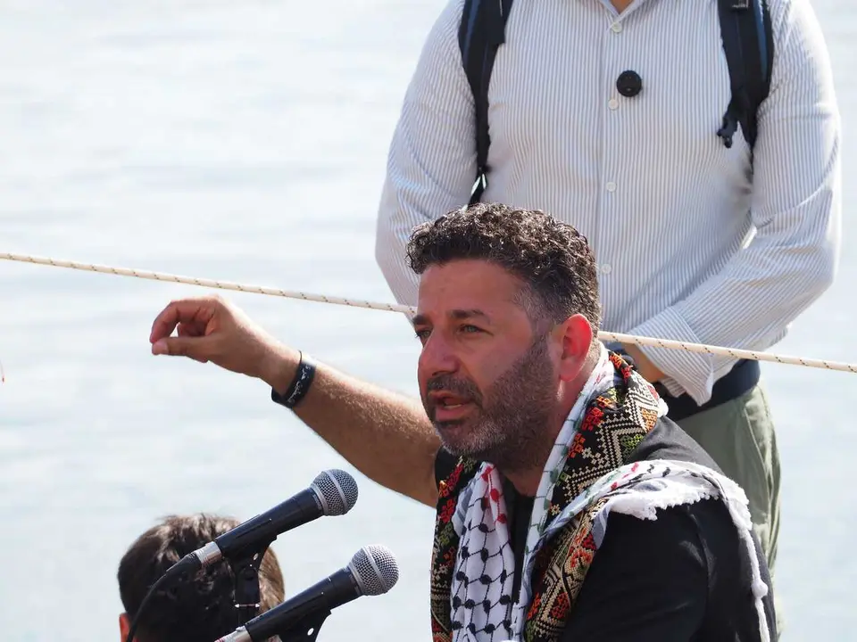 SAIF ABUKESHEK , coordinator of the Global Sumud Flotilla, speaks to the press before the departure of the humanitarian aid to Gaza.