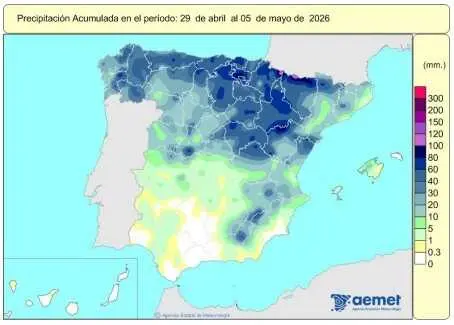 Espa&ntilde;a registra 566 l/m2 de lluvia acumulada desde octubre de 2025, un 19% m&aacute;s de lo normal.