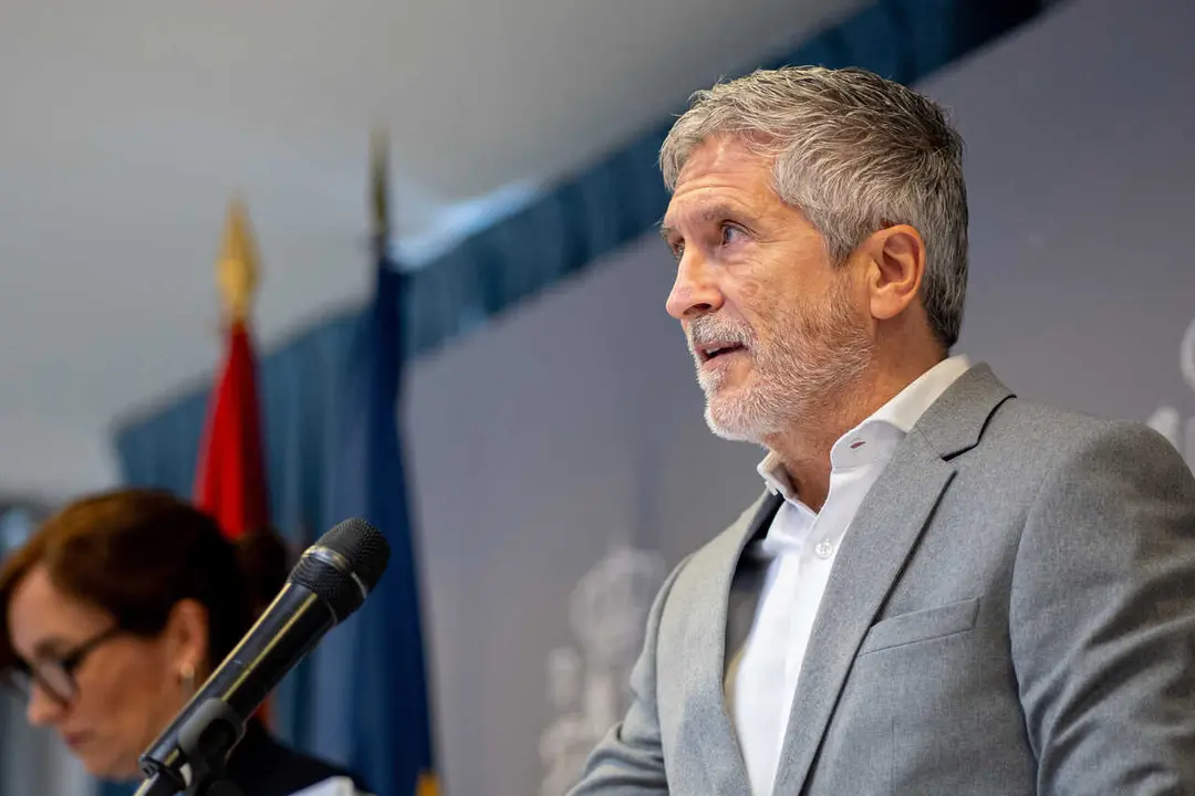El ministro de Interior, Fernando Grande-Marlaska, durante una rueda de prensa, en la sede del Ministerio de Sanidad, a 9 de mayo de 2026, en Madrid (Espa&ntilde;a).