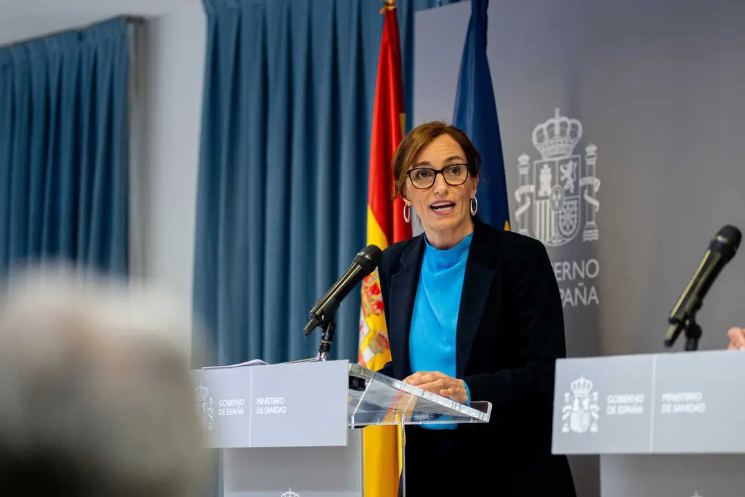 La ministra de Sanidad, M&oacute;nica Garc&iacute;a, durante una rueda de prensa, en la sede del Ministerio de Sanidad, a 9 de mayo de 2026, en Madrid (Espa&ntilde;a). Garc&iacute;a y Grande-Marlaska comparecen para informar sobre el barco &lsquo;MV Hondius&rsquo; y el brote de hantavirus.