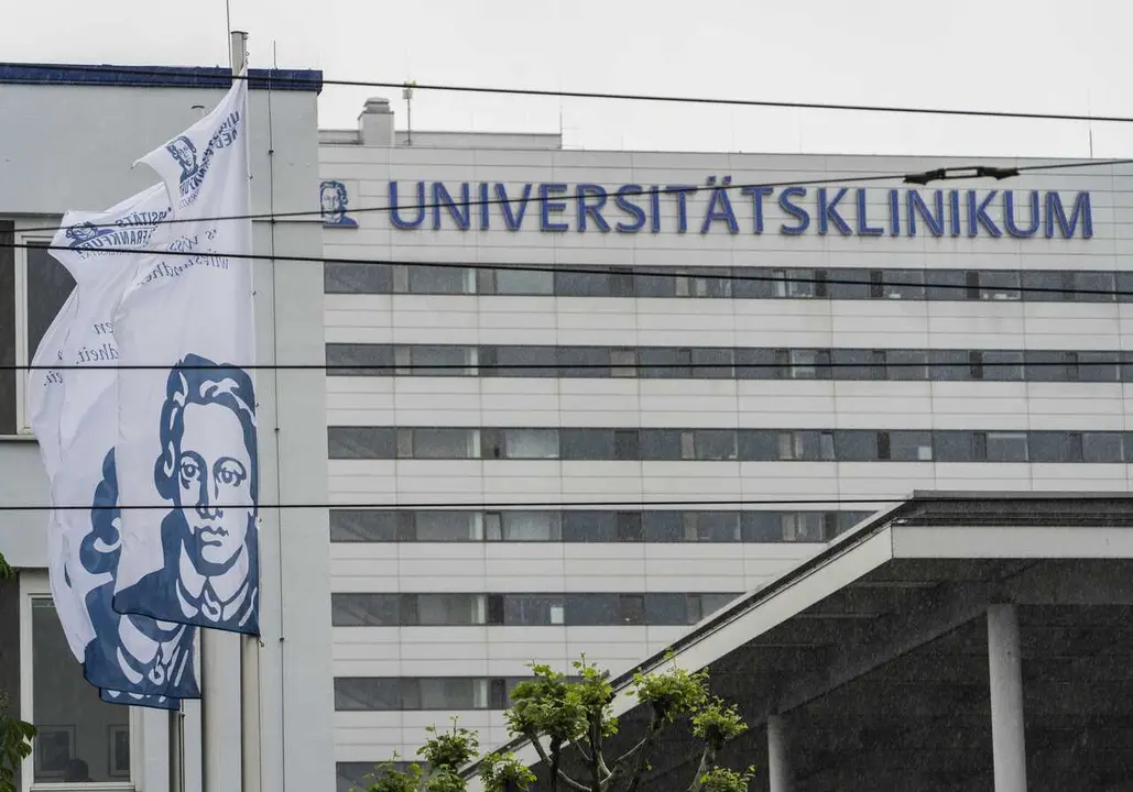 Banderas con el rostro de Johann Wolfgang Goethe frente a un hospital en la ciudad de Fr&aacute;ncfort, Alemania