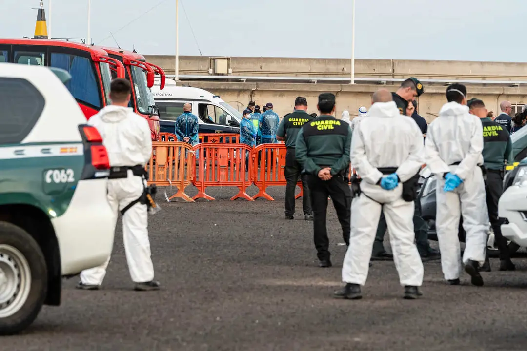 Pasajeros evacuados del crucero MV Hondius fondeado cerca del puerto de Granadilla suben a los autocares de la UME, a 10 de mayo de 2026, en Granadilla de Abona, Tenerife, Islas Canarias (Espa&ntilde;a). 