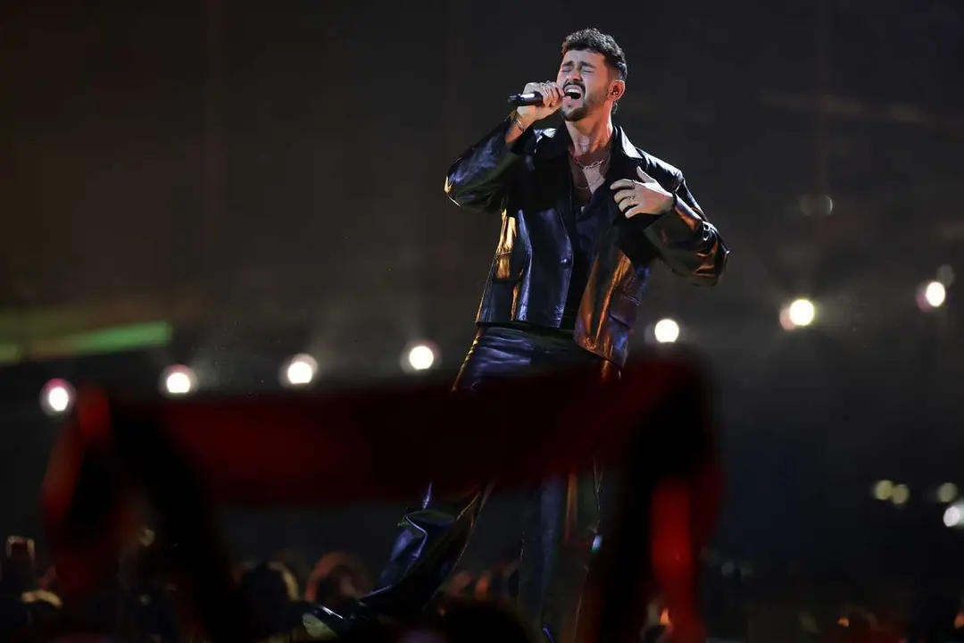 12 May 2026, Austria, Vienna: Noam Bettan from Israel performs the song 'Michelle' during the first semifinal of the 70th Eurovision Song Contest 2026 at the Wiener Stadthalle.