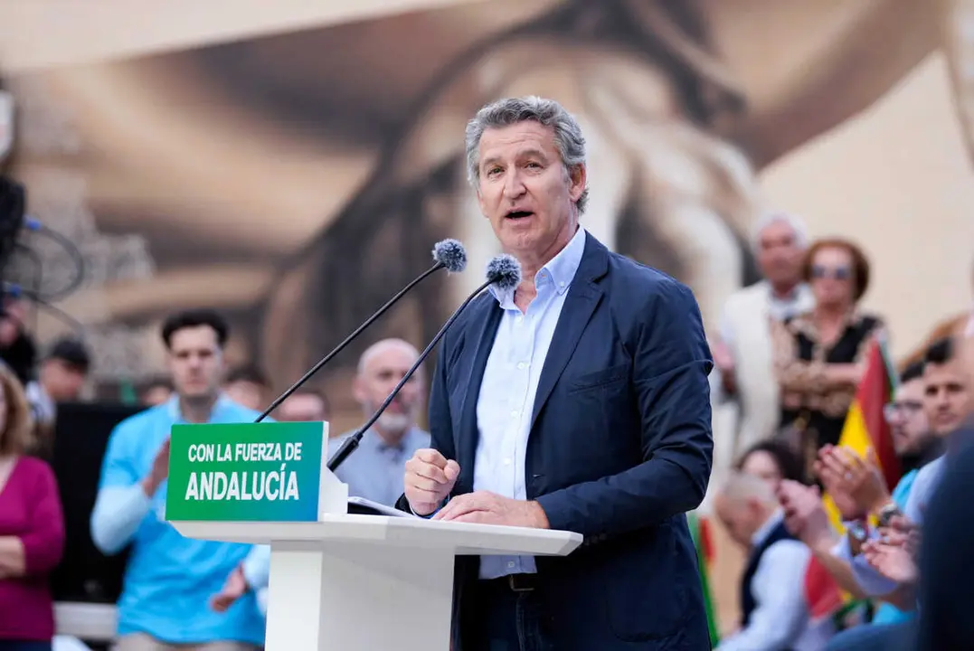 El presidente del PP, Alberto N&uacute;&ntilde;ez Feij&oacute;o, interviene en el acto de cierre de campa&ntilde;a del PP de Almer&iacute;a. A 15 de mayo de 2026 en Almer&iacute;a (Andaluc&iacute;a, Espa&ntilde;a).