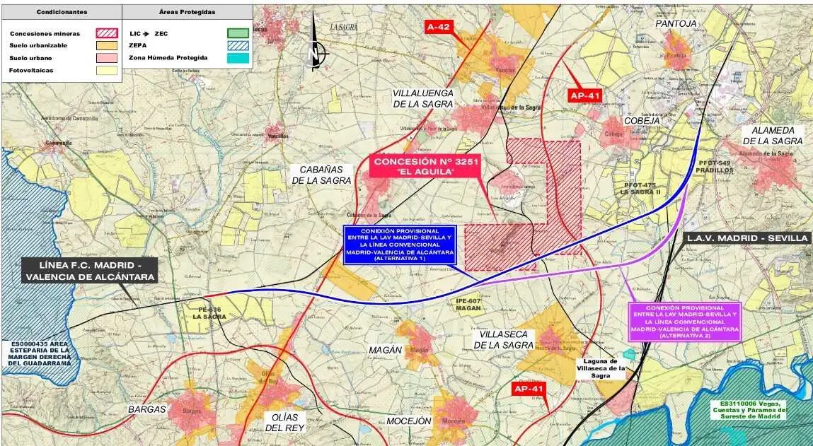 Planta general de las alternativas (alternativa 1 en azul m&aacute;s al norte, alternativa 2 en magenta, m&aacute;s al sur).