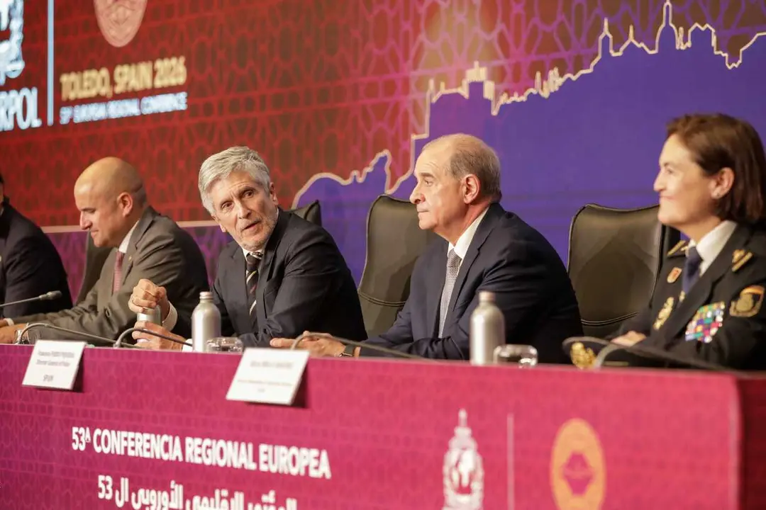 El ministro del Interior, Fernando Grande-Marlaska, y el director general de la Polic&iacute;a, Francisco Pardo,, durante la clausura de la 53&ordf; Conferencia Regional Europea de Interpol en Toledo