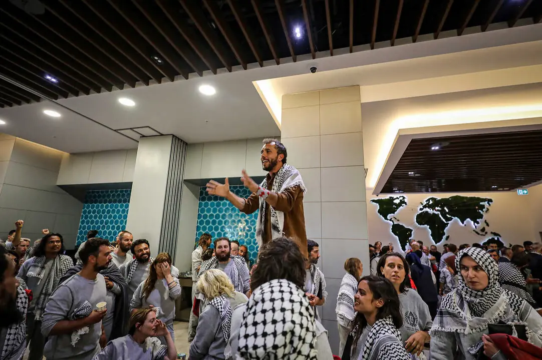 Released participants of the Freedom Flotilla arrive at Istanbul Airport after being detained by Israeli forces while attempting to break the siege on Gaza and deliver humanitarian aid. Activists, supporters, and members of the public gathered at the airport to welcome them back with flowers, applause, Palestinian flags, and chants of solidarity, celebrating their safe return and their mission of humanitarian resistance against the blockade on Gaza, in Istanbul, T&uuml;rkiye, on May 21, 2026.