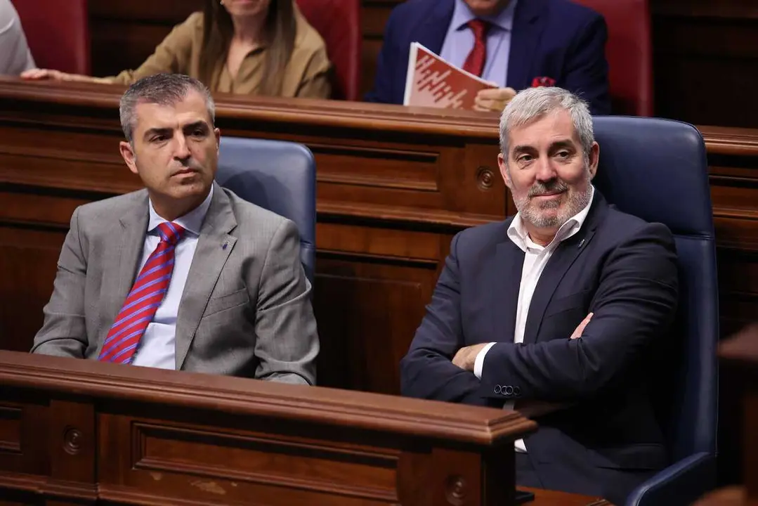 Archivo - El vicepresidente del Gobierno de Canarias, Manuel Dom&iacute;nguez, y el presidente, Fernando Clavijo, en un Pleno del Parlamento