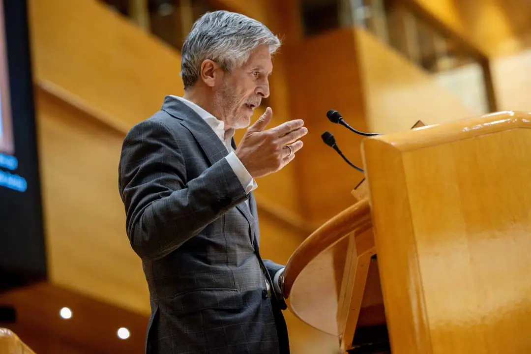 El ministro del Interior, Fernando Grande-Marlaska, interviene durante una sesi&oacute;n plenaria en el Senado