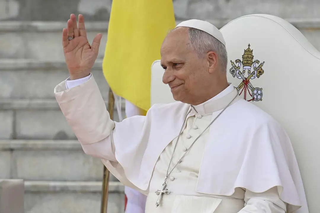 **NO LIBRI** Equatorial Guinea,Vatican, 2026/4/21  Pope Leo XIV meets with the World of Culture at the Leon XIV Campus of the National University in Malabo on the ninth day of an 11-day apostolic journeyPhotograph by VATICAN MEDIA   / Catholic Press Photo