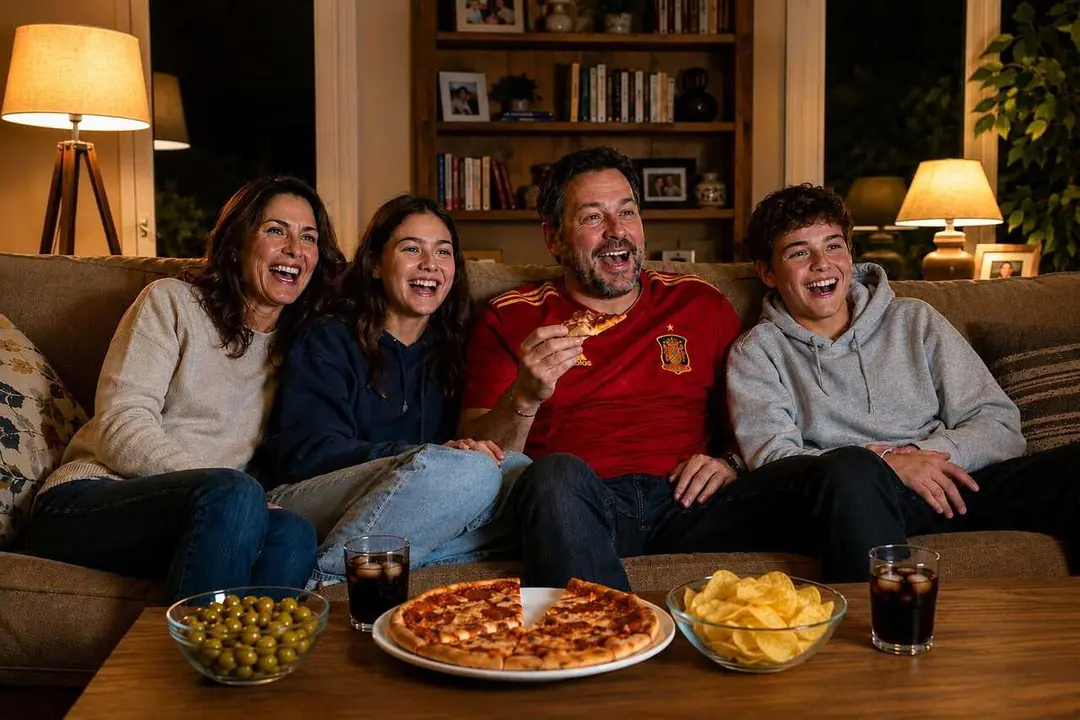 Personas viendo un partido de f&uacute;tbol tras pedir 'delivery'
