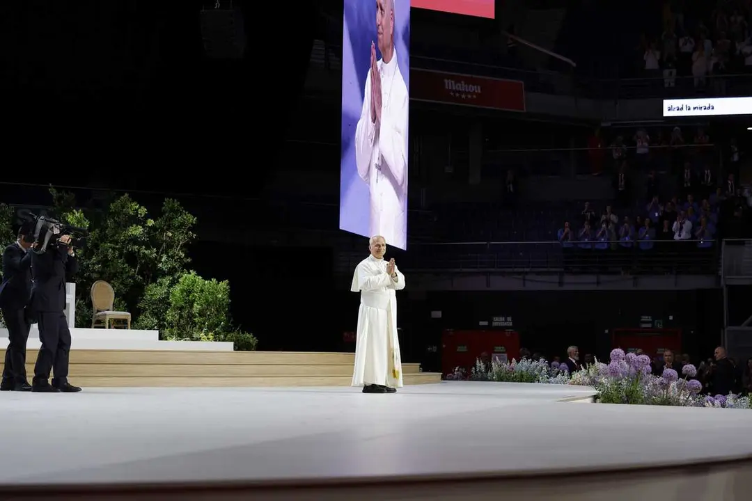 El Papa Le&oacute;n XIV durante el encuentro 'Tejer redes con el mundo de la cultura, la educaci&oacute;n, la empresa y el deporte', en el Movistar Arena, a 6 de junio de 2026, en Madrid (Espa&ntilde;a). 