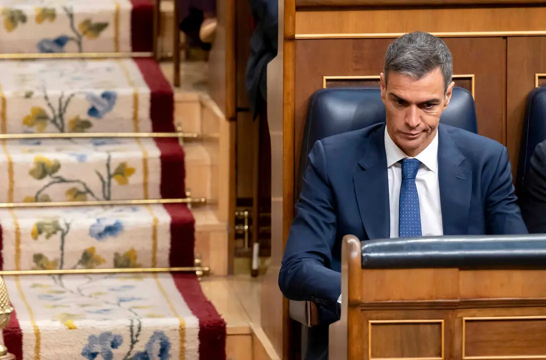 El presidente del Gobierno, Pedro S&aacute;nchez, durante la visita del Papa Le&oacute;n XIV al Congreso de los Diputados, a 8 de junio de 2026, en Madrid (Espa&ntilde;a).