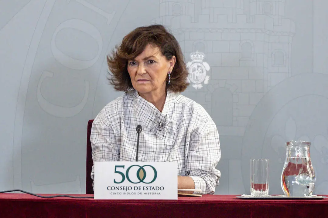 La presidenta del Consejo de Estado, Carmen Calvo, interviene durante la conferencia inaugural de los actos conmemorativos de los cinco siglos de historia de la instituci&oacute;n, en su sede central de la calle Mayor, a 27 de mayo de 2026, en Madrid (Espa&ntilde;a). 
