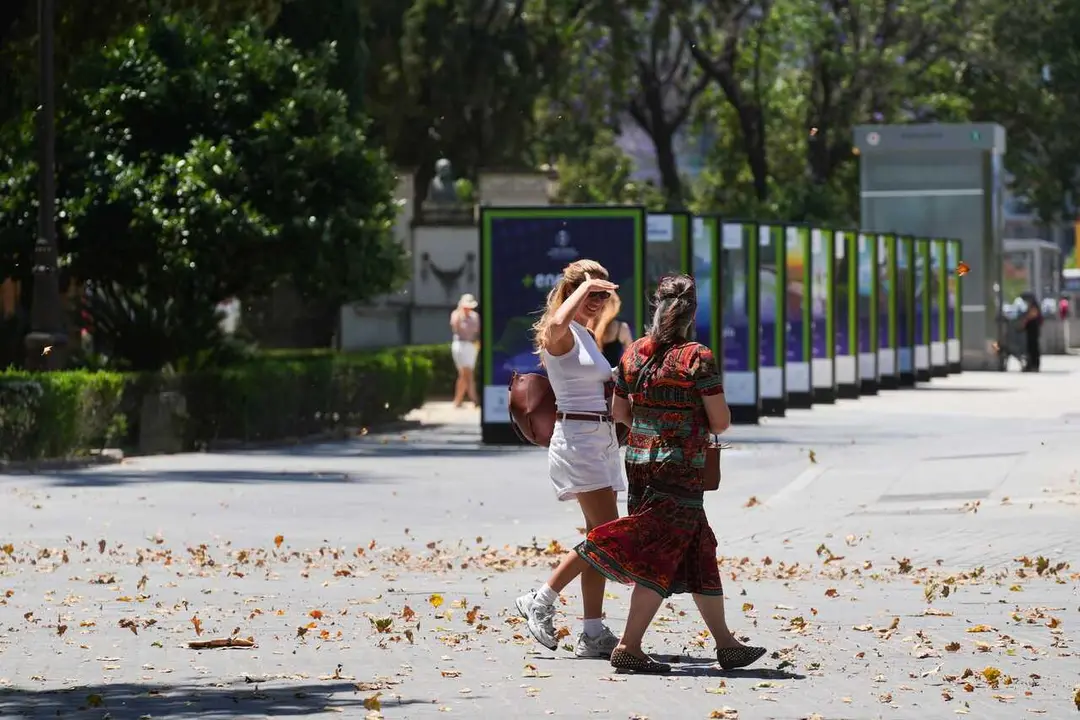 Turistas se protegen del calor por las calles de Sevilla. A 27 de mayo de 2026 en Sevilla, Andaluc&iacute;a (Espa&ntilde;a).
