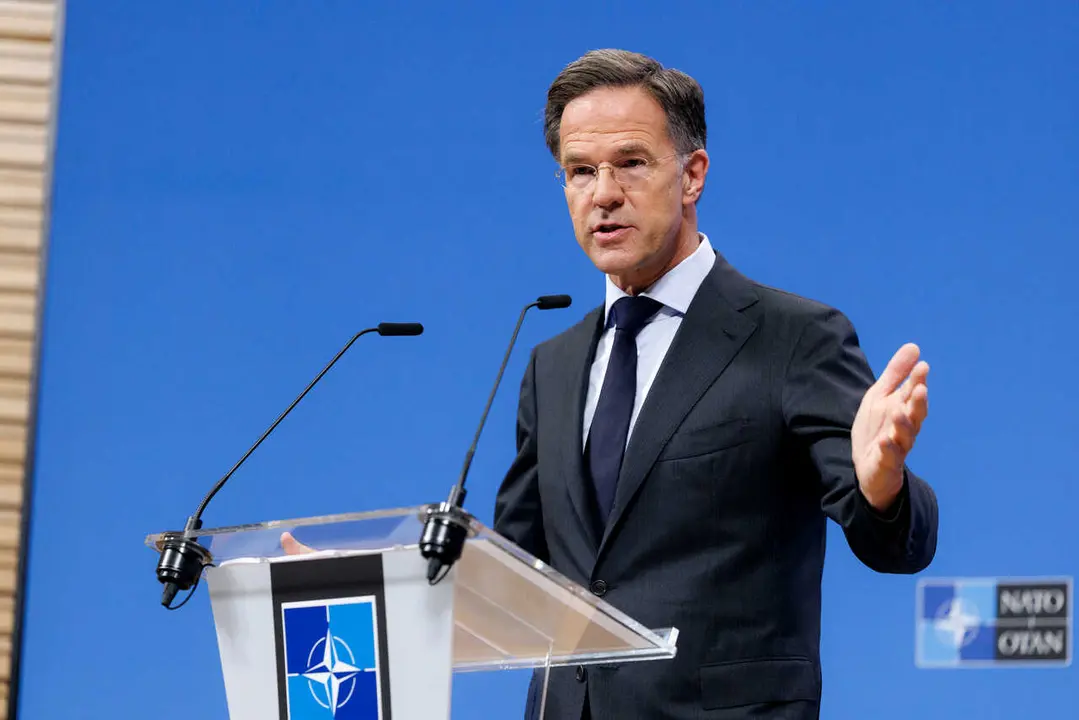 El secretario general de la OTAN, Mark Rutte, durante una rueda de prensa antres de la reuni&oacute;n de ministros de Defensa de la OTAN que tendr&aacute; lugar este jueves Bruselas.