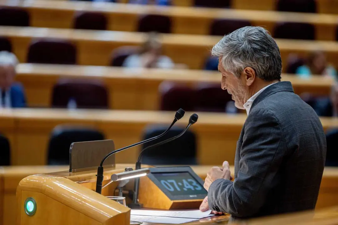 El ministro del Interior, Fernando Grande-Marlaska, interviene durante una sesi&oacute;n plenaria en el Senado, a 26 de mayo de 2026, en Madrid (Espa&ntilde;a). 