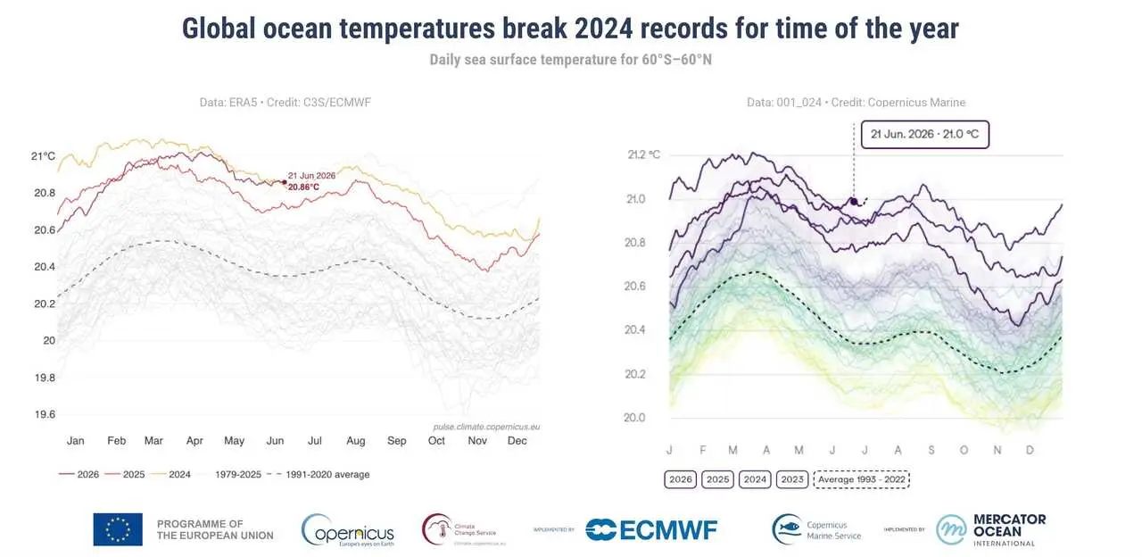 Las temperaturas diarias de la superficie del mar a nivel mundial baten r&eacute;cords para la &eacute;poca del a&ntilde;o, seg&uacute;n Copernicus