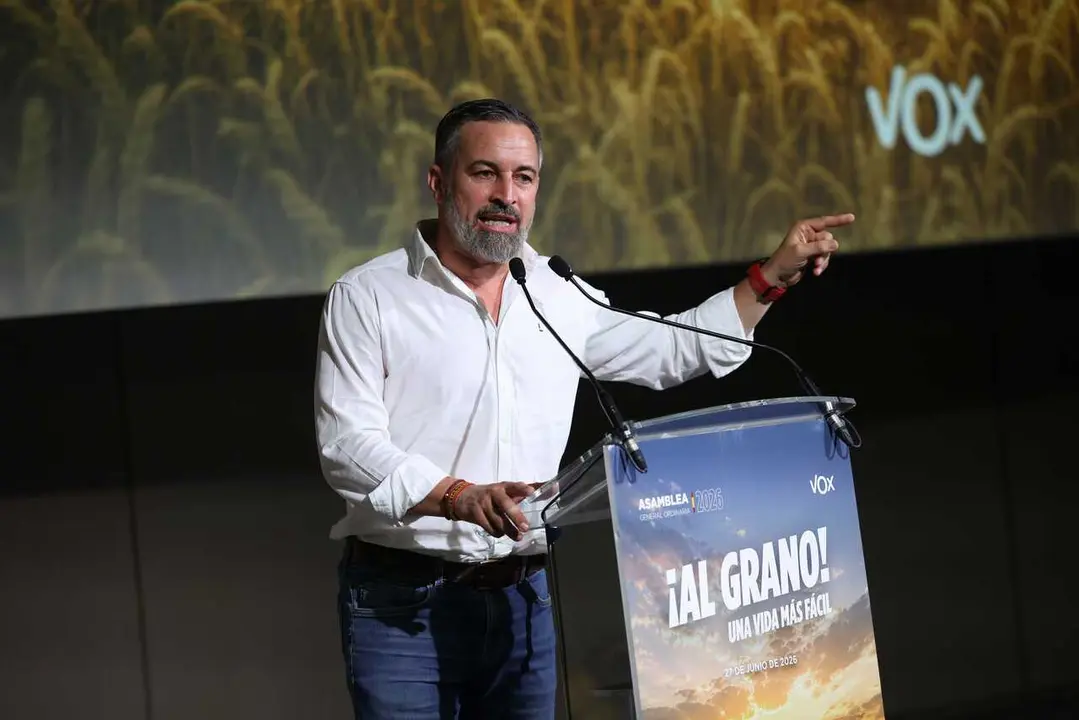 El presidente de Vox, Santiago Abascal, interviene durante la Asamblea Ordinaria de Vox 2026, el auditorio Mutua Madrile&ntilde;a, a 27 de junio de 2026, en Madrid (Espa&ntilde;a). 