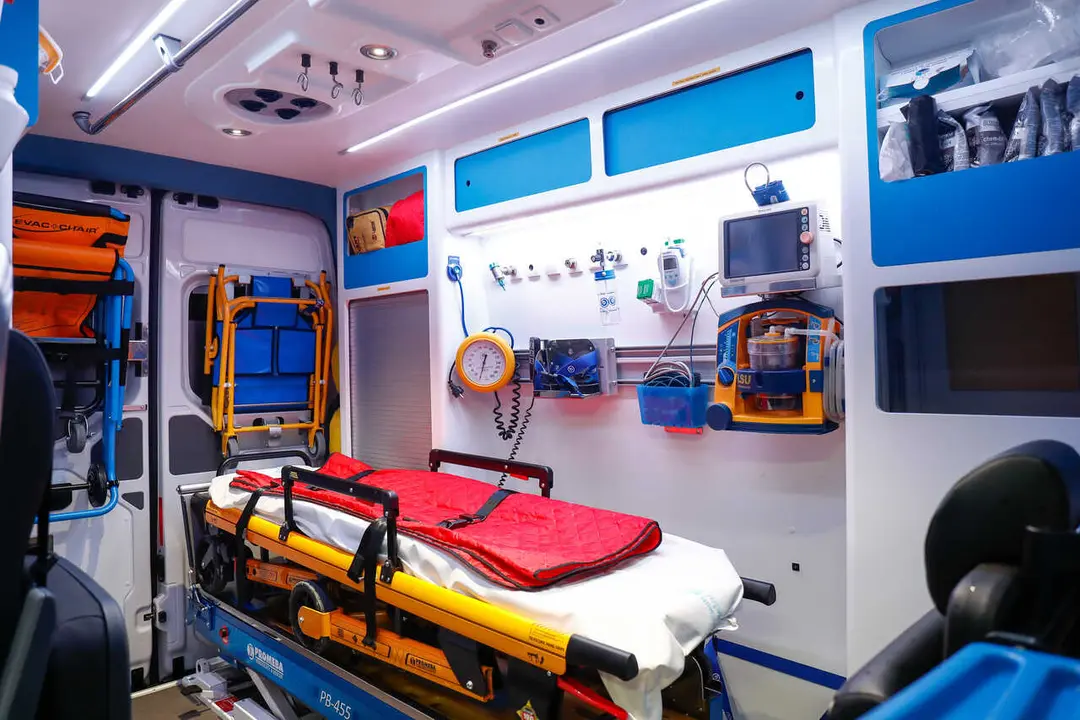 Illustration, detail of the interior of an ambulance of the Integral Emergency Service of Valdemoro on the occasion of the coronavirus during the state of alarm in Spain by COVID-19 on April 15, 2020 in Valdemoro, Madrid, Spain