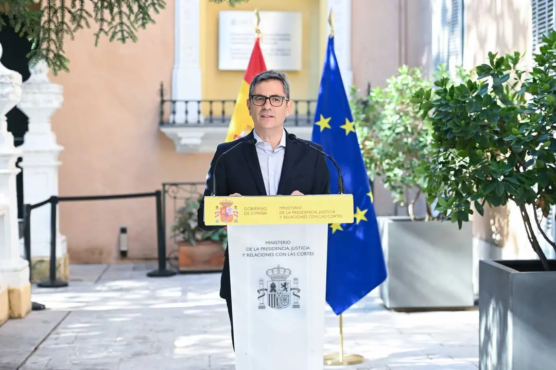 El ministro de la Presidencia, Justicia y Relaciones con las Cortes, F&eacute;lix Bola&ntilde;os, durante el balance del primer a&ntilde;o de la entrada en funcionamiento de los Tribunales de Instancia, en el Palacio de Parcent, a 1 de julio de 2026, en Madrid (Espa&ntilde;a).